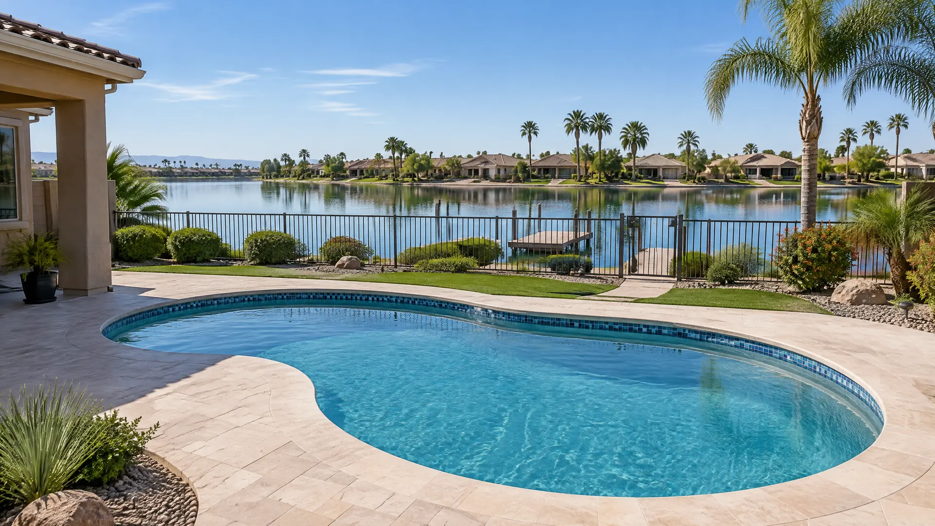 Lakefront backyard in a Gilbert, Arizona lake community: a modest kidney-shaped pool with new tile and coping, a low wrought-iron fence and gate between the yard and a calm lake with a small dock and palm trees beyond