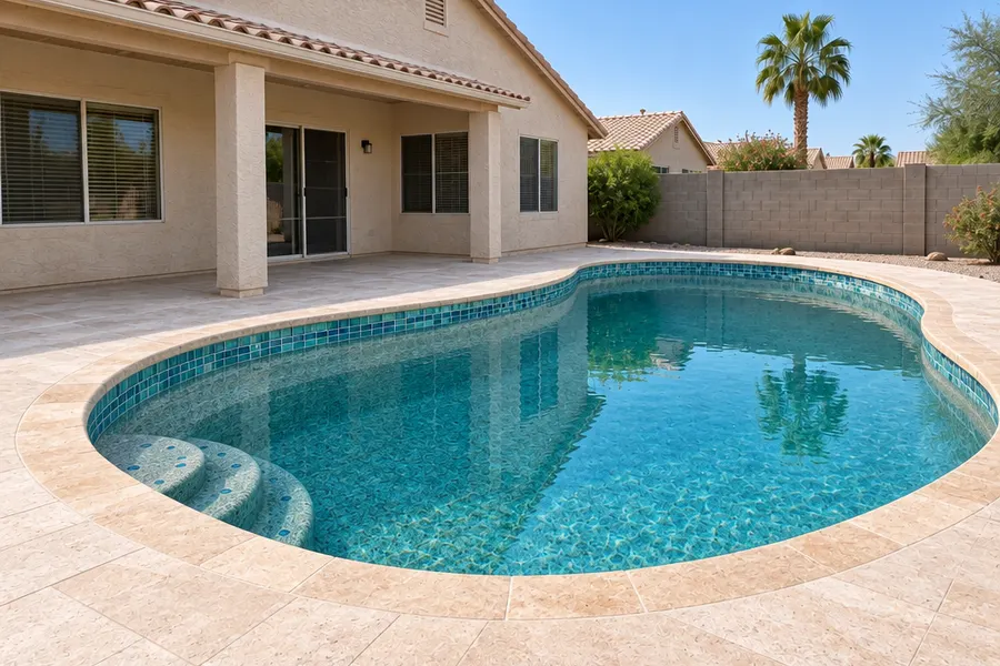 The same Gilbert backyard pool after a remodel with the same pool shape, wall and house: a blue-green pebble interior, new glass waterline tile, tan stone coping and a new light deck