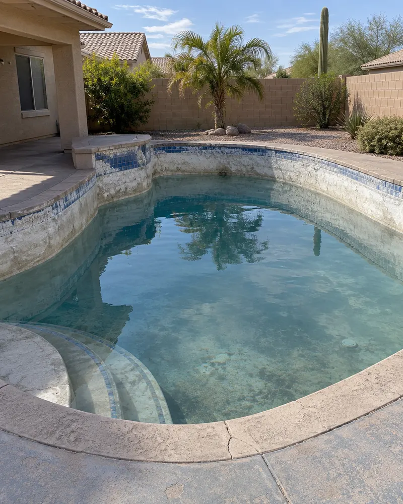 Worn backyard pool in Gilbert, Arizona before a remodel: rough stained white plaster, a waterline band of tile crusted with white calcium, cracked narrow concrete coping and faded cool decking, afternoon light