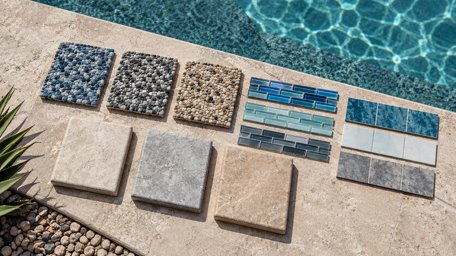 Pool finish selections laid out on a stone deck edge: small samples of pebble finishes in blue, gray and tan, glass and porcelain waterline tile chips, and coping stone squares, top-down view, no text