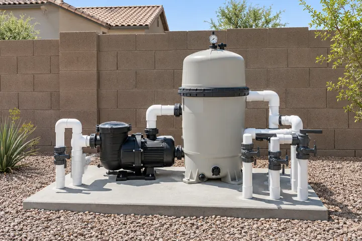 New variable-speed pool pump and cartridge filter on a clean equipment pad with neatly labeled-free PVC valves, block wall behind