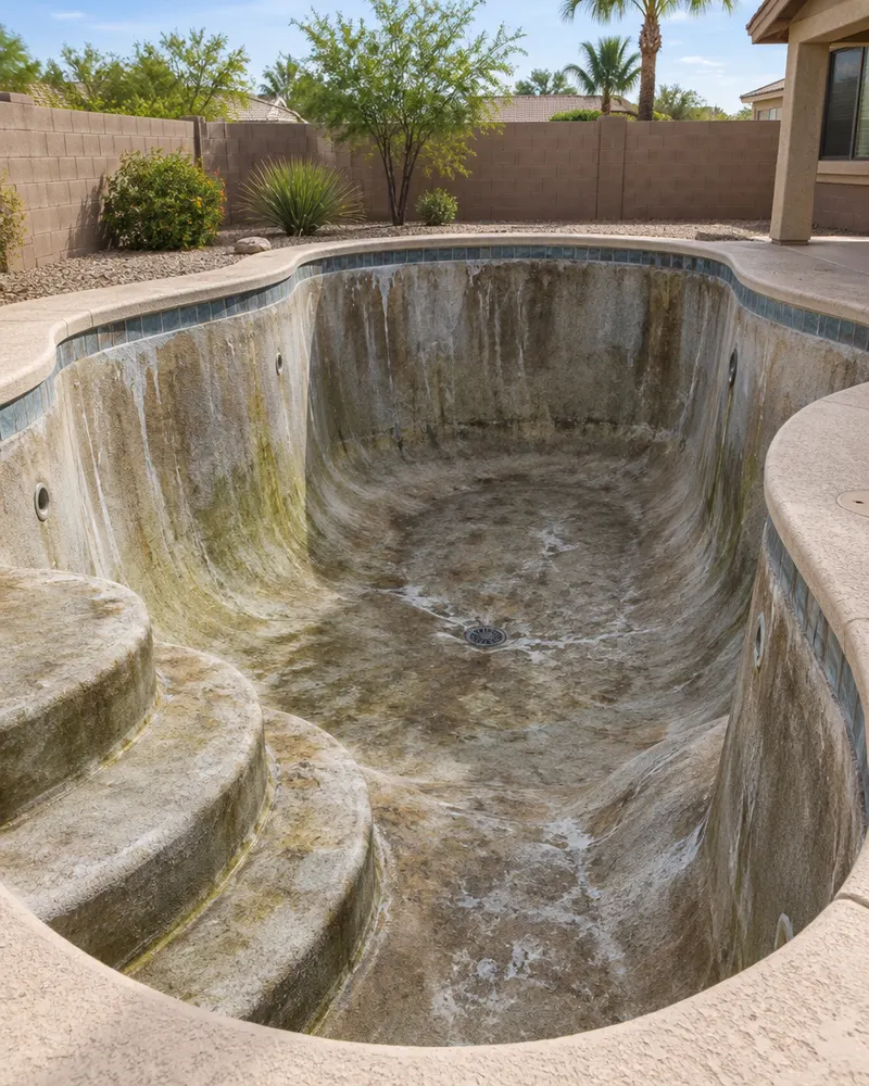 Drained backyard pool with stained gray-brown plaster streaked with algae and mineral marks, empty steps and main drain, before cleaning