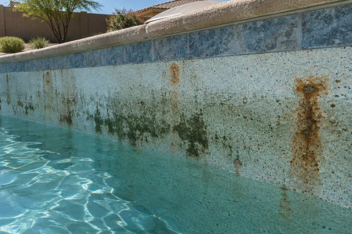Close view of a pool plaster wall with dark algae stains and brown metal staining in blotches