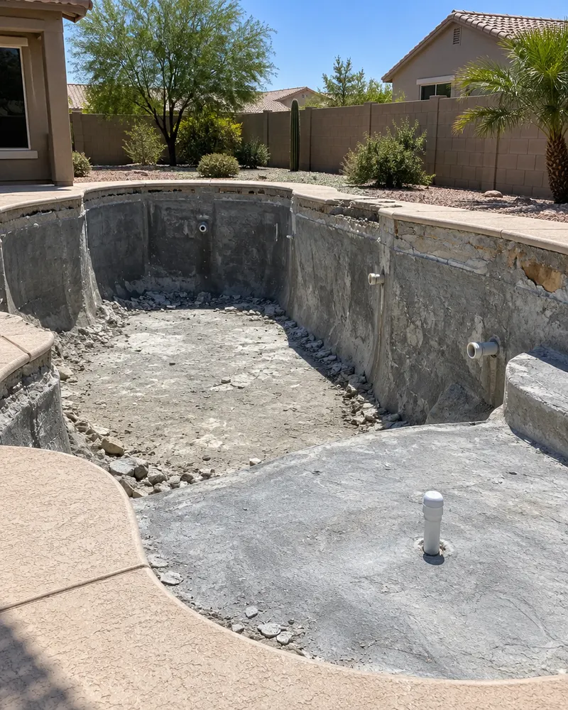 Backyard pool mid-remodel: water drained, old plaster chipped out to gray gunite, waterline tile removed, new white plumbing stub for a bubbler on a sun shelf, Arizona sun