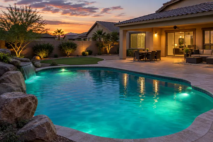 Backyard pool at dusk lit by new color LED pool lights glowing soft blue-green, a stucco house and patio lights in the background