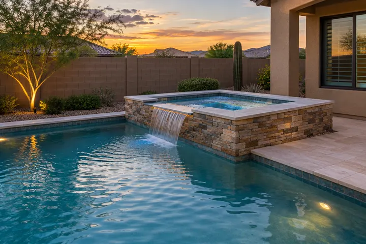 New raised spa added to the corner of a backyard pool, spillway pouring into the pool, stone-faced spa wall, evening light