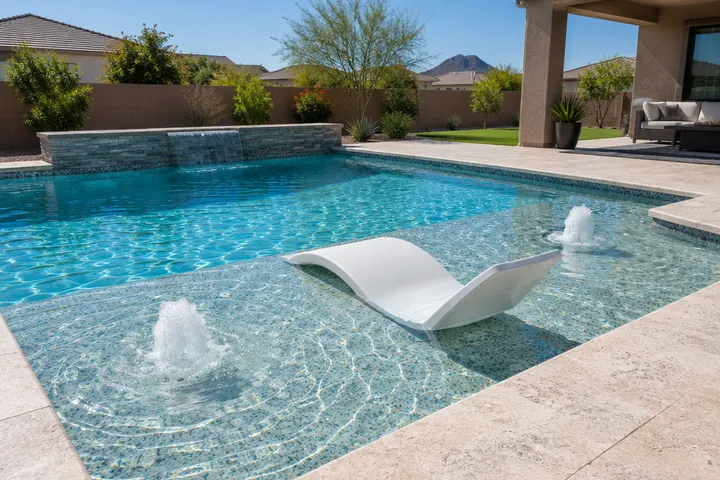 New shallow sun shelf added to a backyard pool, two bubblers and a lounge chair in a few inches of water, aqua pebble finish