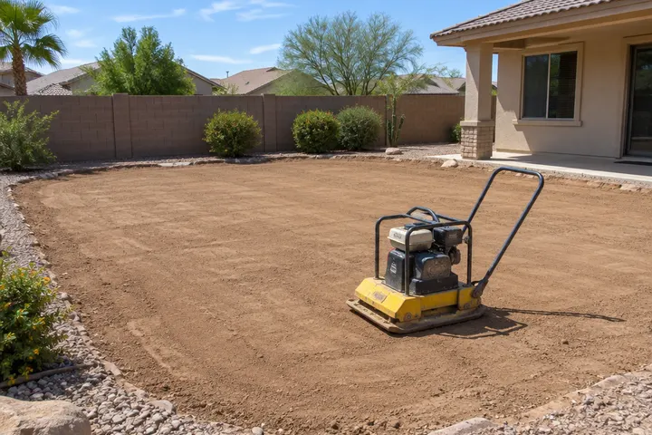 Plate compactor resting on a leveled layer of fill soil where a pool used to be, smooth graded surface