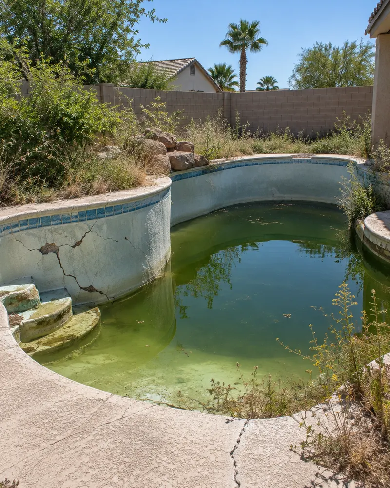 Old unused backyard pool partly drained with green water and cracked plaster, overgrown edges, block wall behind