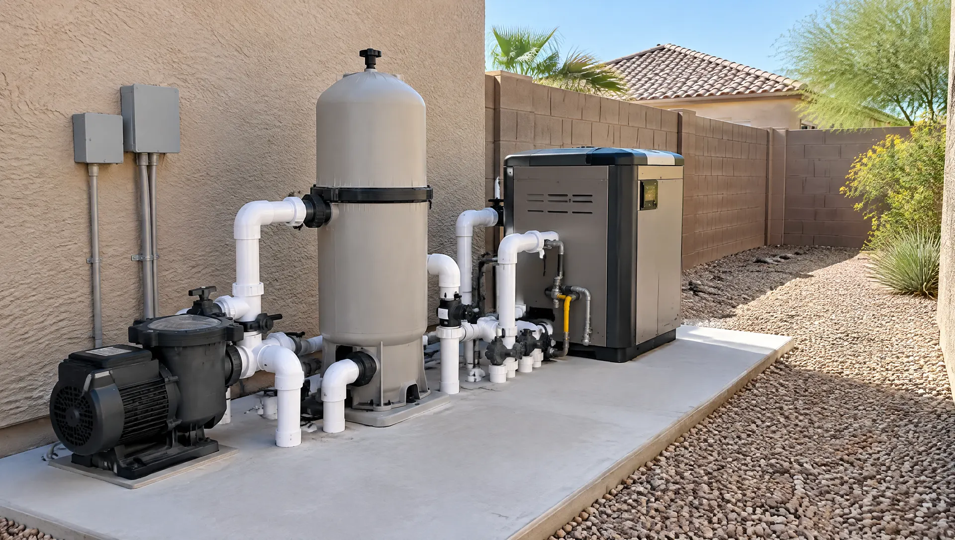 Tidy pool equipment pad beside a stucco side yard in Gilbert, Arizona: a variable-speed pool pump, a tall cartridge filter, a gas pool heater and neat white PVC plumbing with valves, clean concrete pad, block wall behind