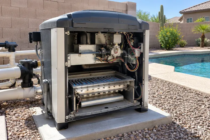 Gas pool heater on an equipment pad with its access panel removed, burner tray and wiring visible, no labels readable