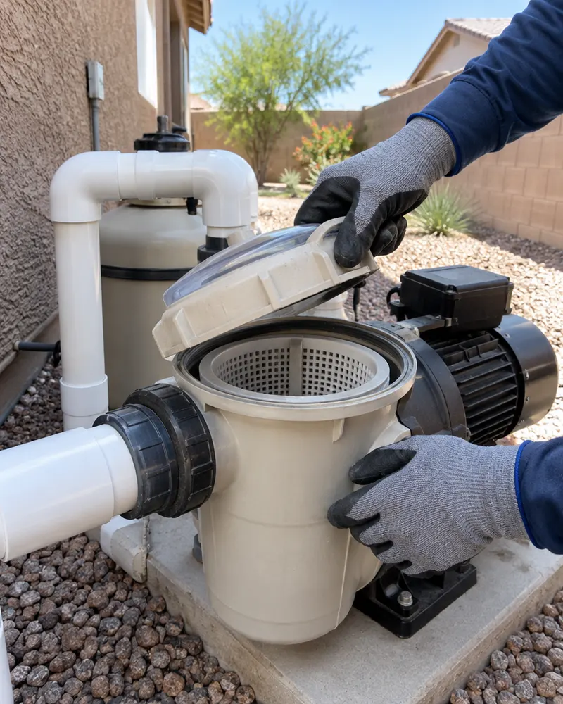 Technician's gloved hands opening the lid of a pool pump strainer basket on an equipment pad, no face visible, Arizona side yard