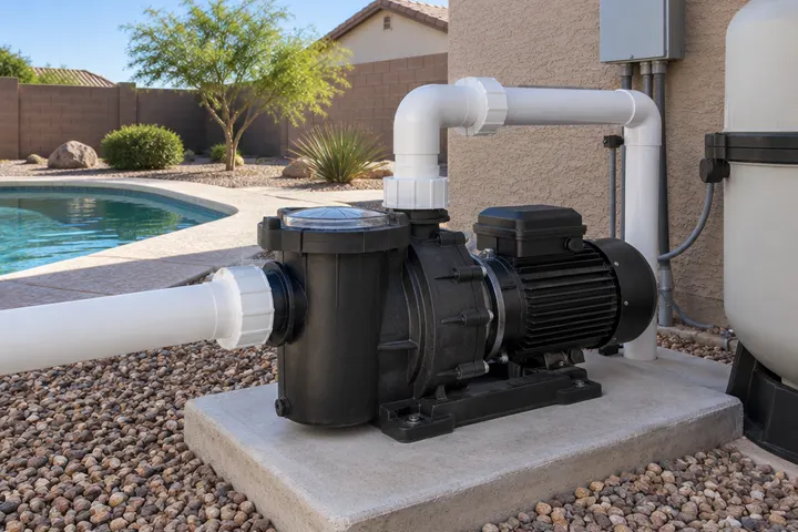 Variable-speed pool pump with its motor and strainer housing on a concrete equipment pad, white PVC pipes and unions