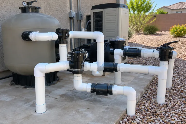 Pool equipment plumbing with three-way diverter valves and check valves on white PVC lines, freshly glued joints