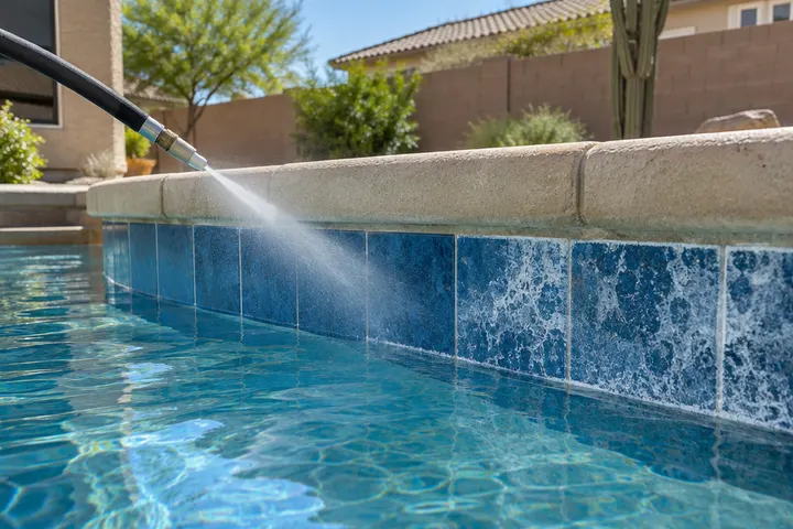 Fine bead-blasting spray removing white calcium from blue pool waterline tile, water lowered just below the tile line, no person visible