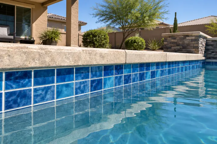 Clean glossy blue mosaic pool waterline tile after calcium removal, crisp grout lines, calm water just below