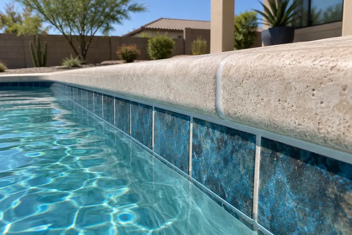 Close view of freshly grouted pool waterline tile and a new flexible sealant joint where the tile meets the coping
