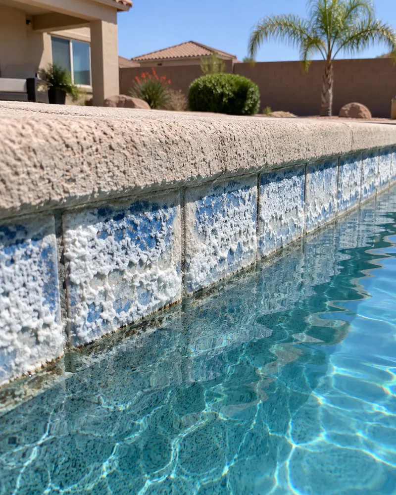 Pool waterline tile crusted with thick white calcium scale, close view, blue tile barely visible beneath the deposits